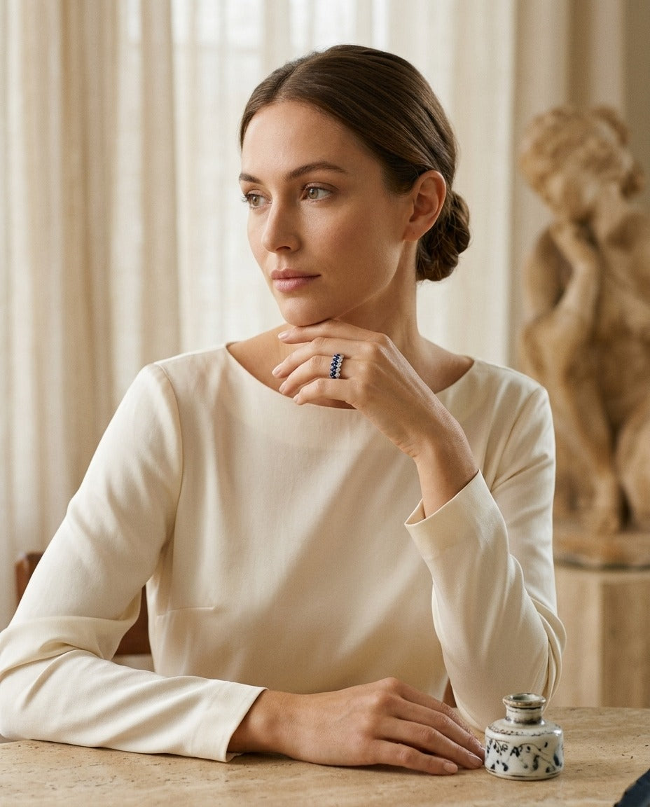Sapphire And Diamond Layered Scallop Edge Band In 14k White Gold 3/8ctw — portrait full