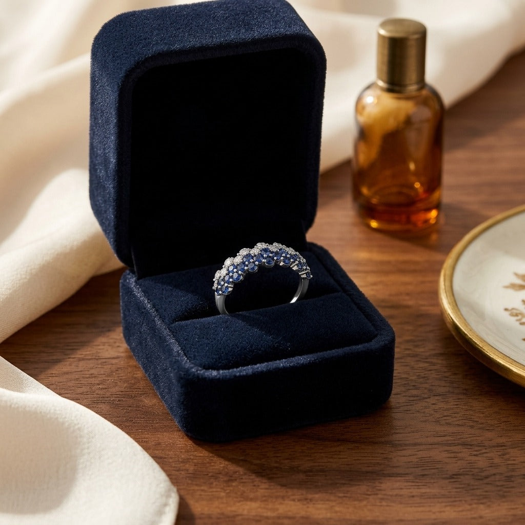 Sapphire And Diamond Layered Scallop Edge Band In 14k White Gold 3/8ctw — velvet box