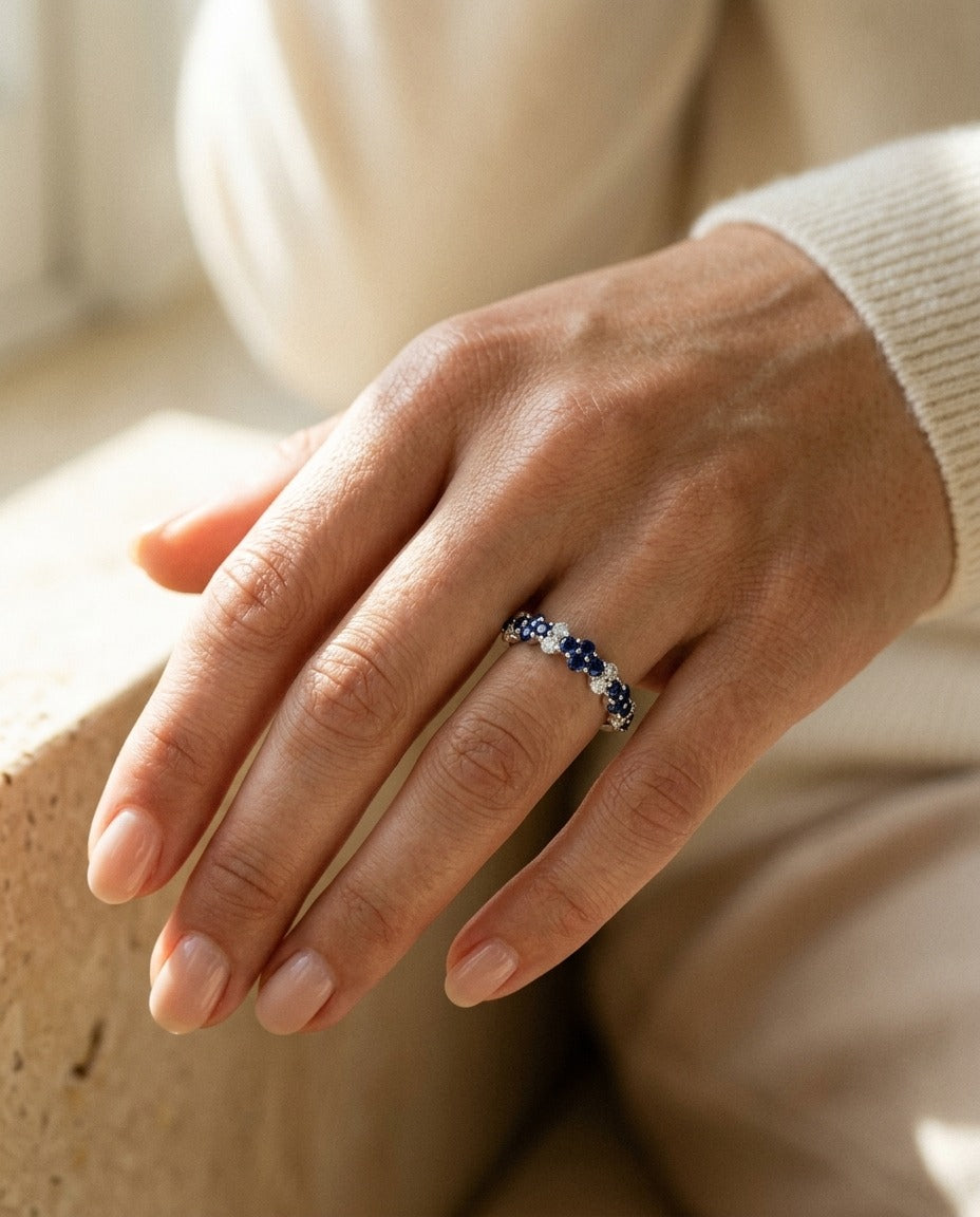 Sapphire And Diamond Alternating Cluster Band In 14k White Gold 1/4ctw — portrait close