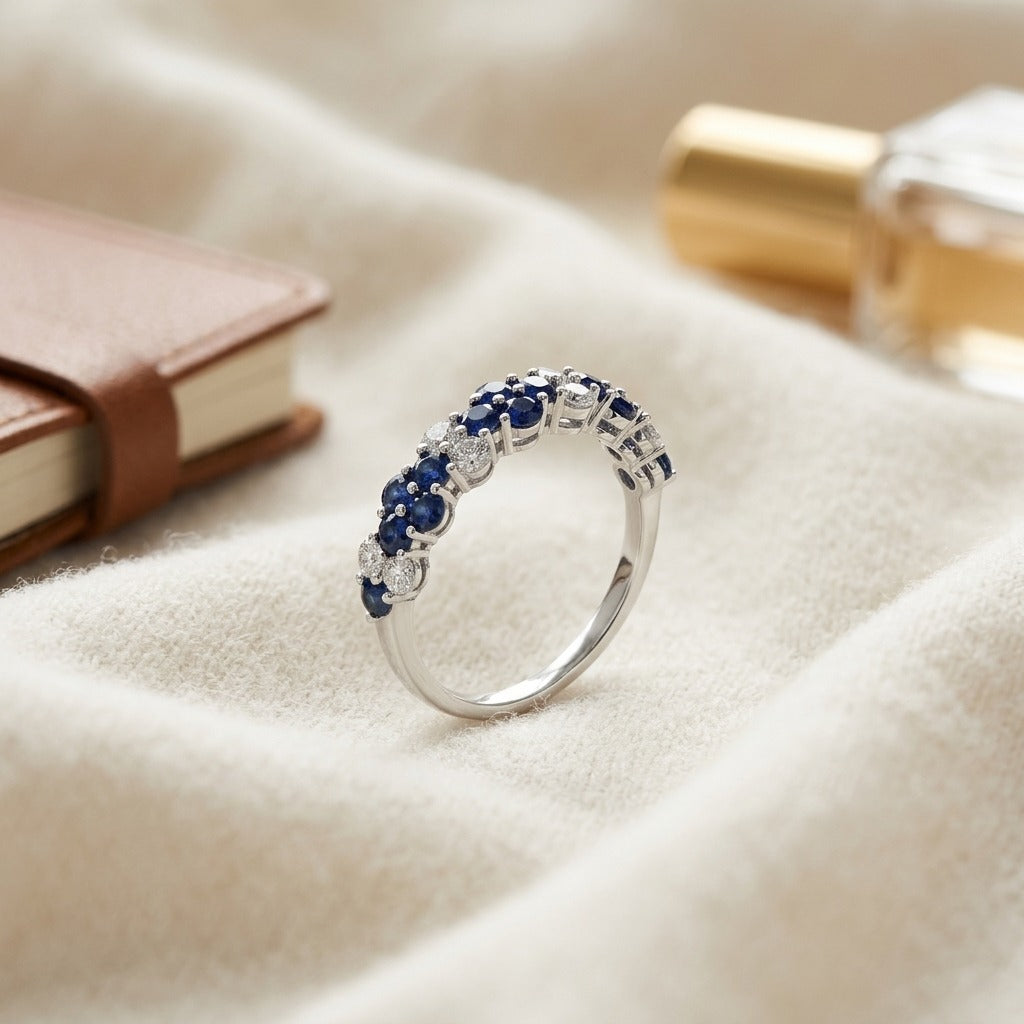Sapphire And Diamond Alternating Cluster Band In 14k White Gold 1/4ctw — textile flat lay