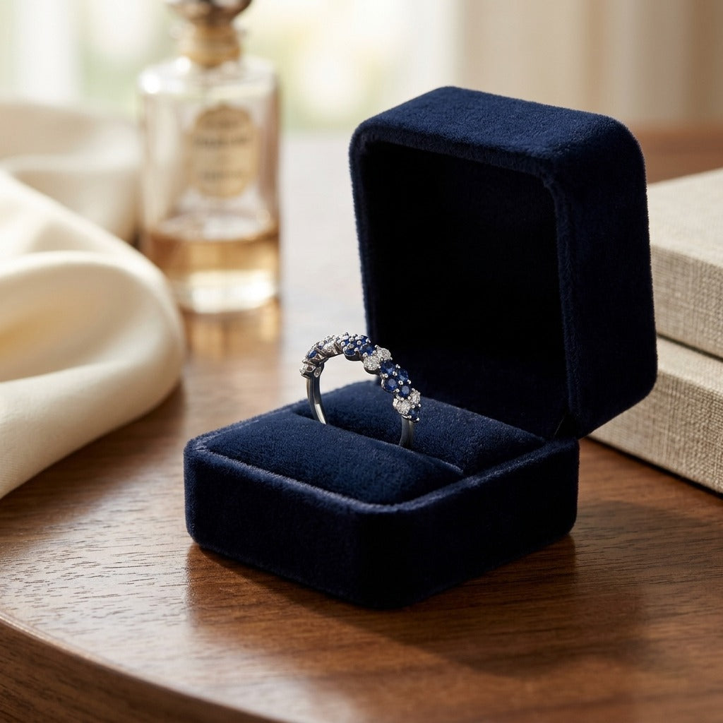 Sapphire And Diamond Alternating Cluster Band In 14k White Gold 1/4ctw — velvet box