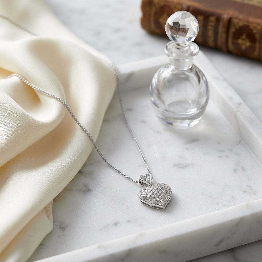 Diamond Double Heart Puff Pave Pendant In 14k White Gold — atelier still life