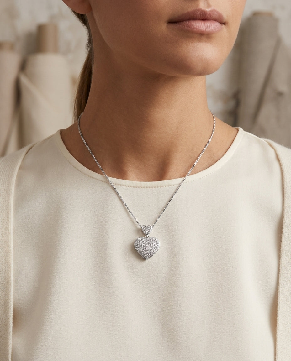 Diamond Double Heart Puff Pave Pendant In 14k White Gold — editorial close-up