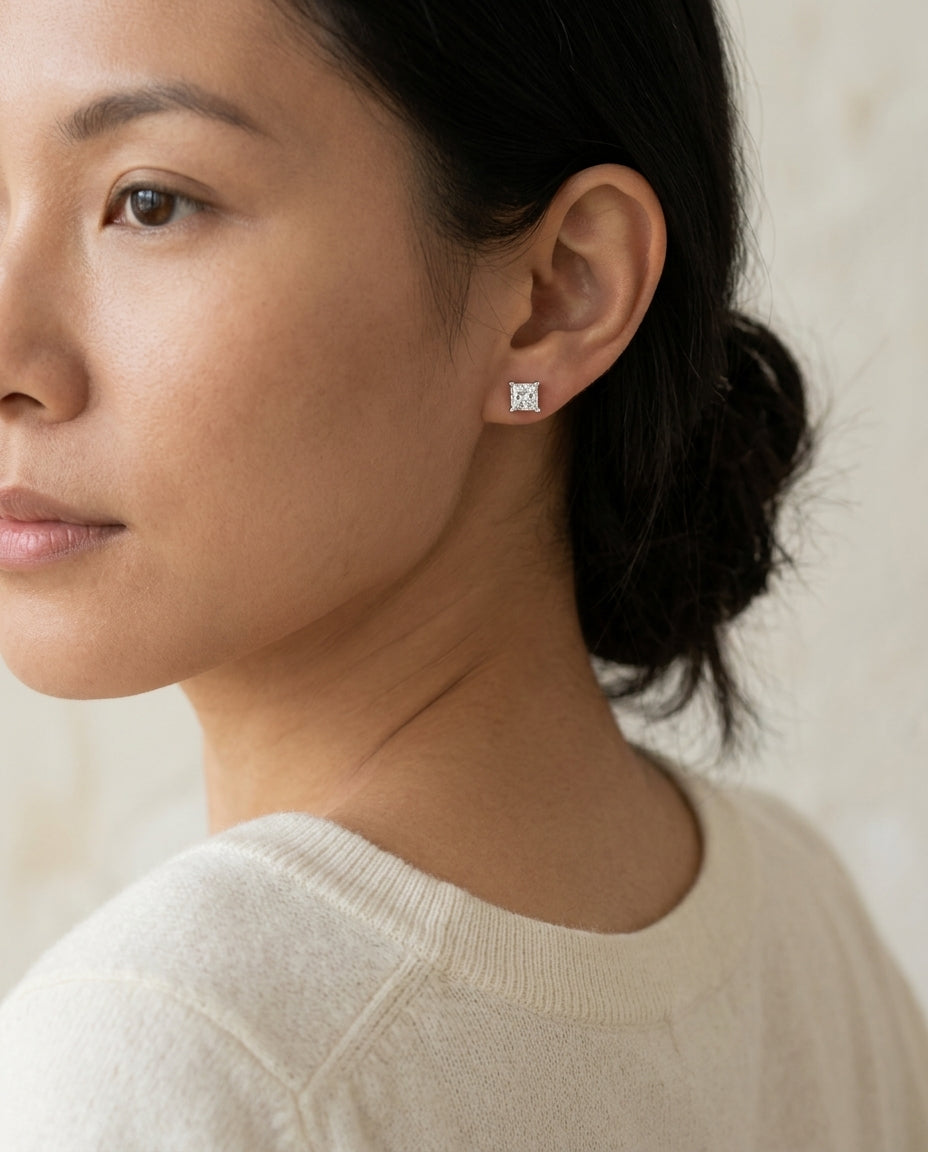 Diamond Princess Cut Stud Earrings In 14k White Gold (0.48 Ctw) — editorial close-up