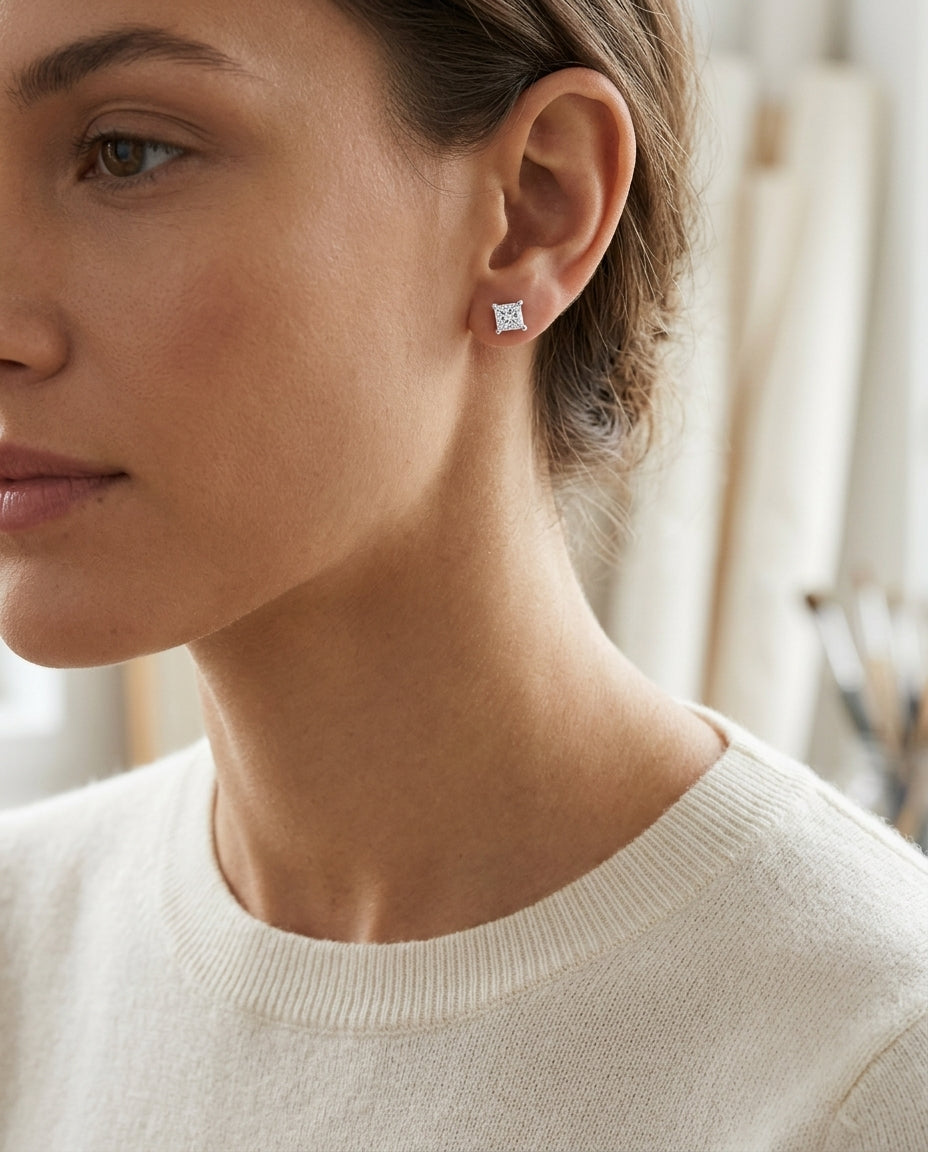 Diamond Princess 4-prong Studs 14k White Gold — editorial close-up