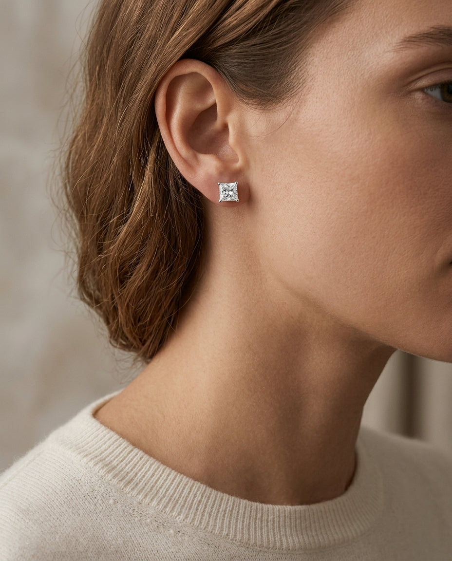 Diamond Princess Cut Stud Earrings In 14k White Gold (1.40 Ctw) — editorial close-up