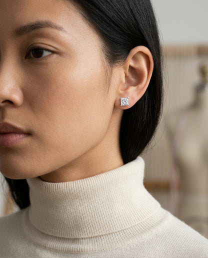 Princess Cut Diamond Stud Earrings In 14k White Gold (2 Ct.tw.) — editorial close-up