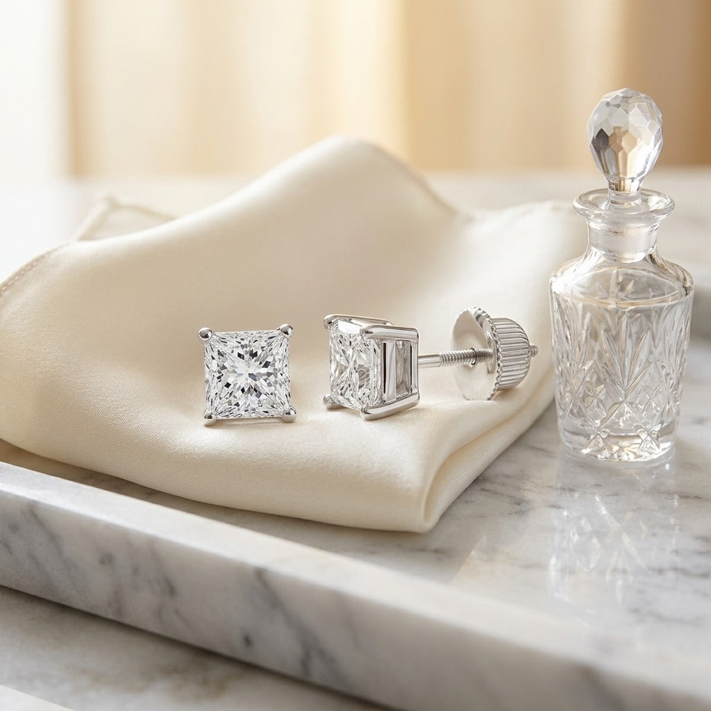Princess Cut Diamond Stud Earrings in 14k White Gold (1.96 Ct.tw.) — marble silk