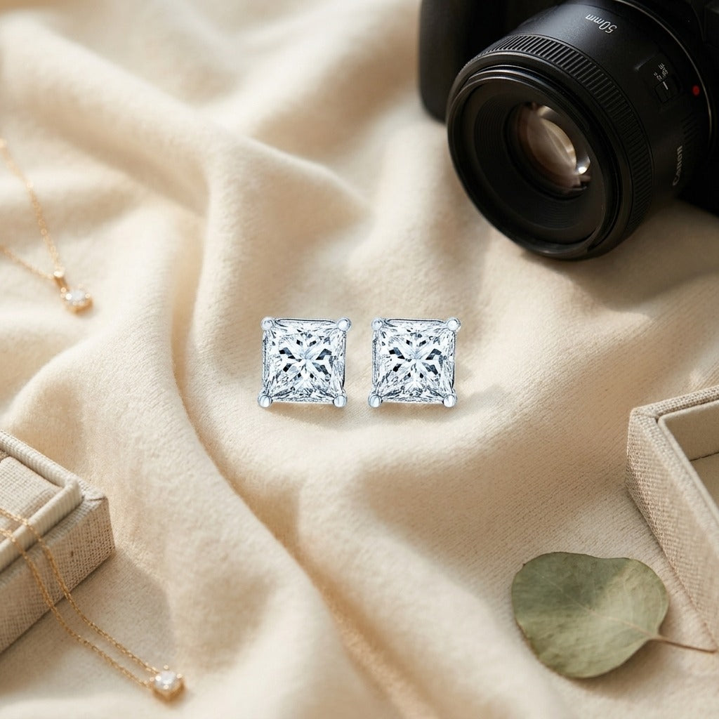 Princess Cut Diamond Stud Earrings in 14k White Gold (1.96 Ct.tw.) — textile flat lay