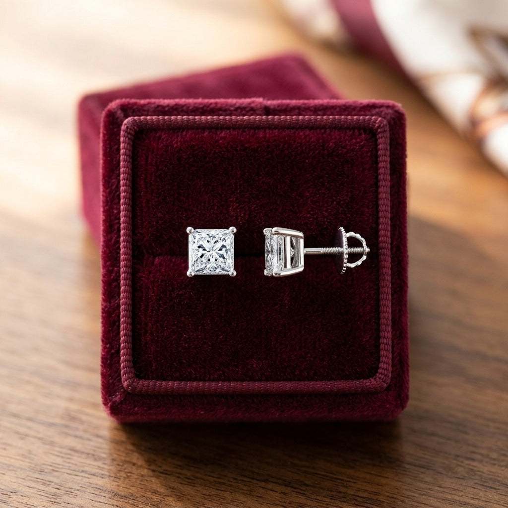 Princess Cut Diamond Stud Earrings in 14k White Gold (1.96 Ct.tw.) — velvet box