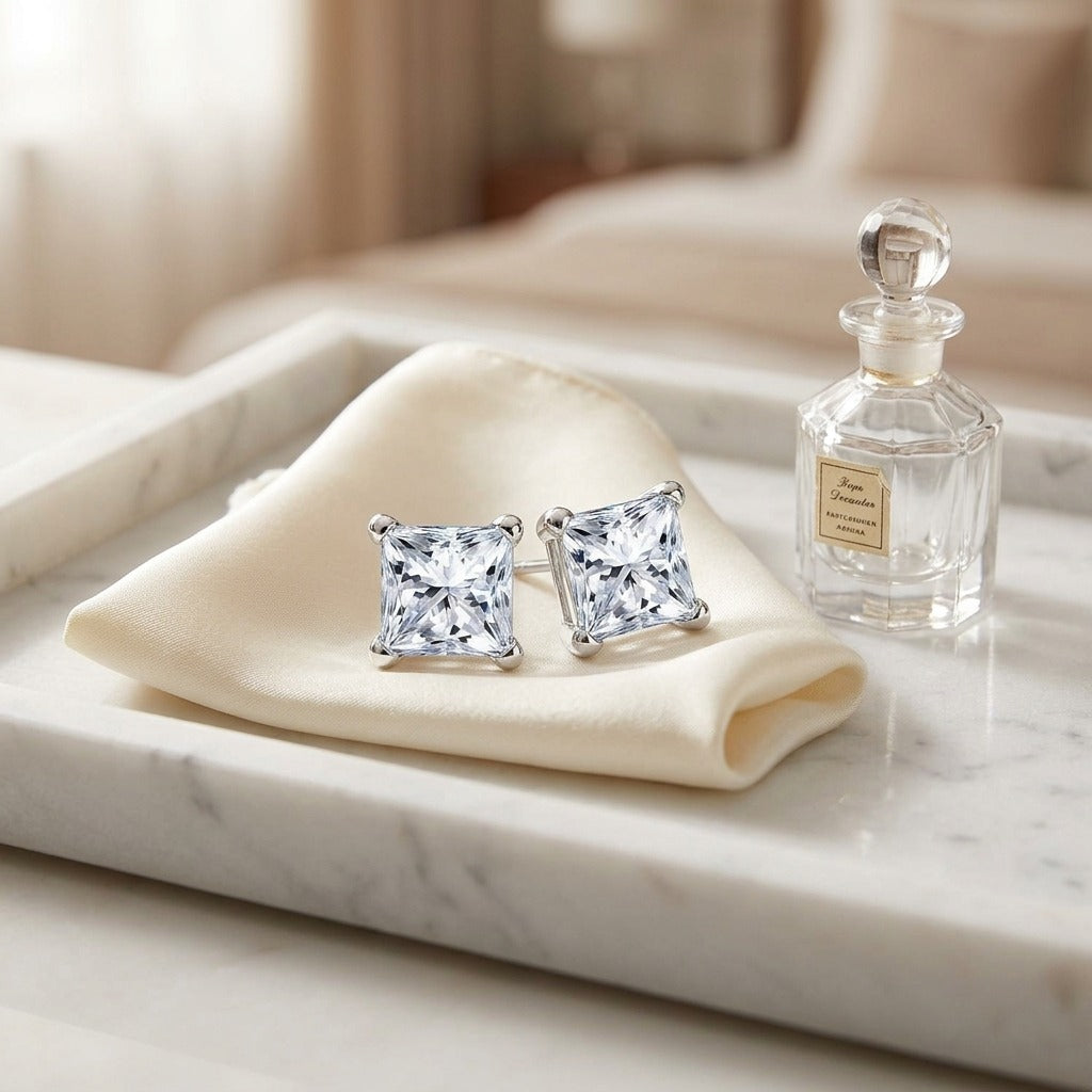 Diamond 4-prong Princess Studs 14k White Gold — marble silk