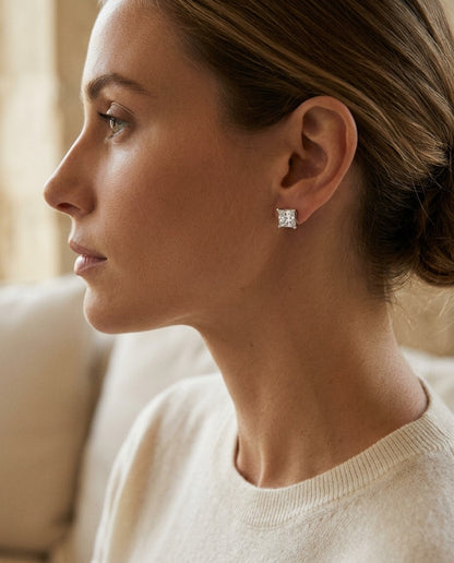 Diamond 4-prong Princess Studs 14k White Gold — portrait close
