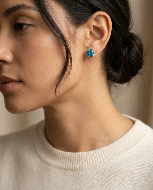 Blue Topaz Round 4-Prong Stud Earrings with Screwbacks 6mm in 14K White Gold - editorial hero