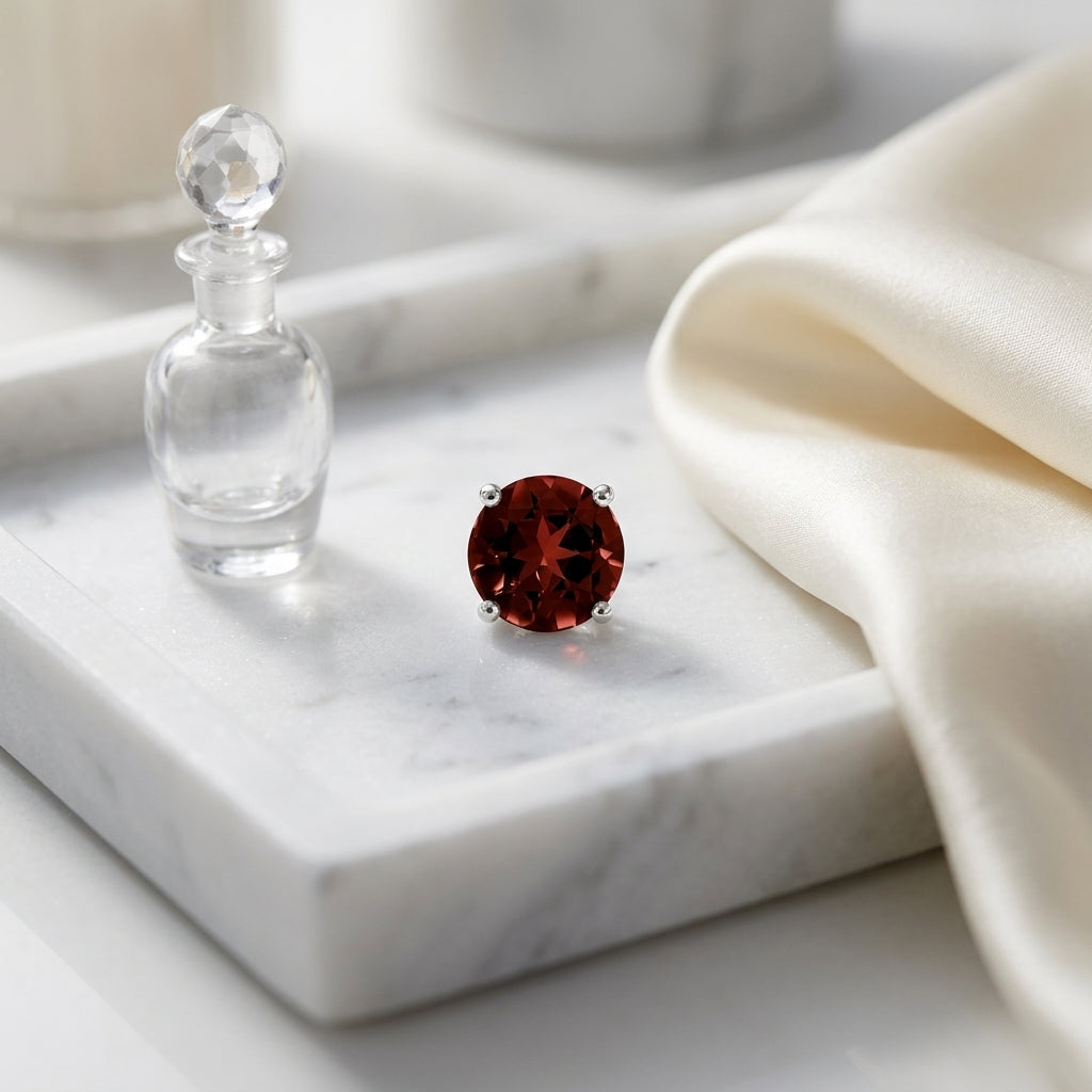Garnet Round 4-Prong Stud Earrings with Screwbacks 6mm in 14K White Gold - editorial hero