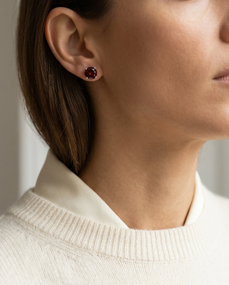 Garnet Round 4-Prong Stud Earrings with Screwbacks 6mm in 14K White Gold - lifestyle