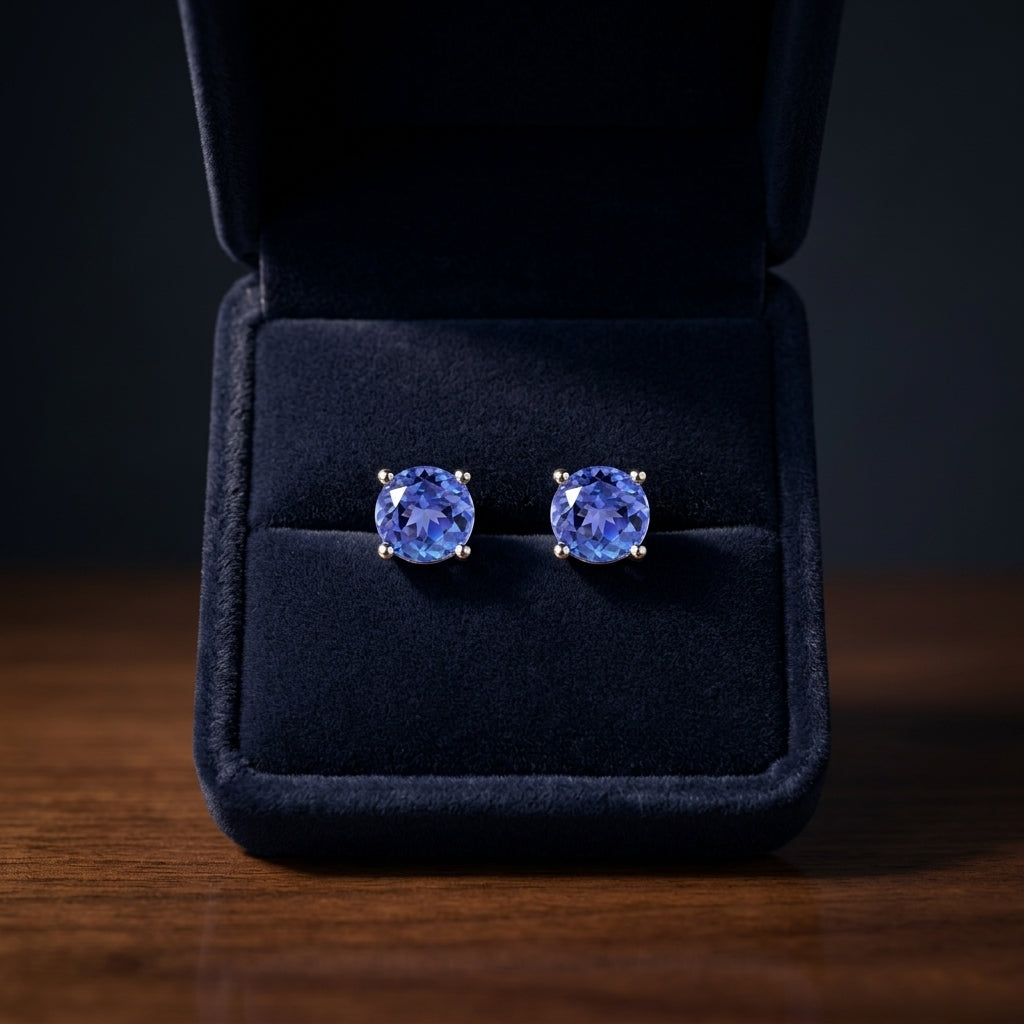 Tanzanite Round 4-Prong Stud Earrings with Screwbacks 6mm in 14K White Gold - presentation