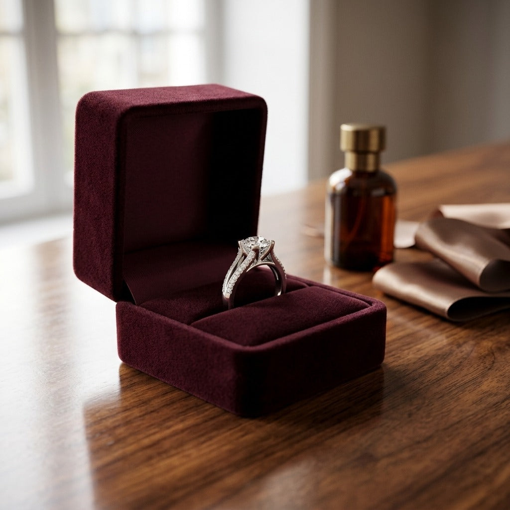 Pave Diamond Wedding Set Semi Mount with 5.5mm Round Cubic Zirconia Center in 14k White Gold — velvet box