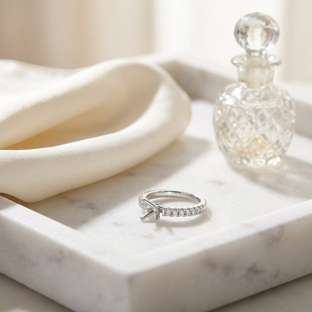 Diamond Wedding Set In 14k White Gold Semi Mount With 1/2ct Round Head — marble silk