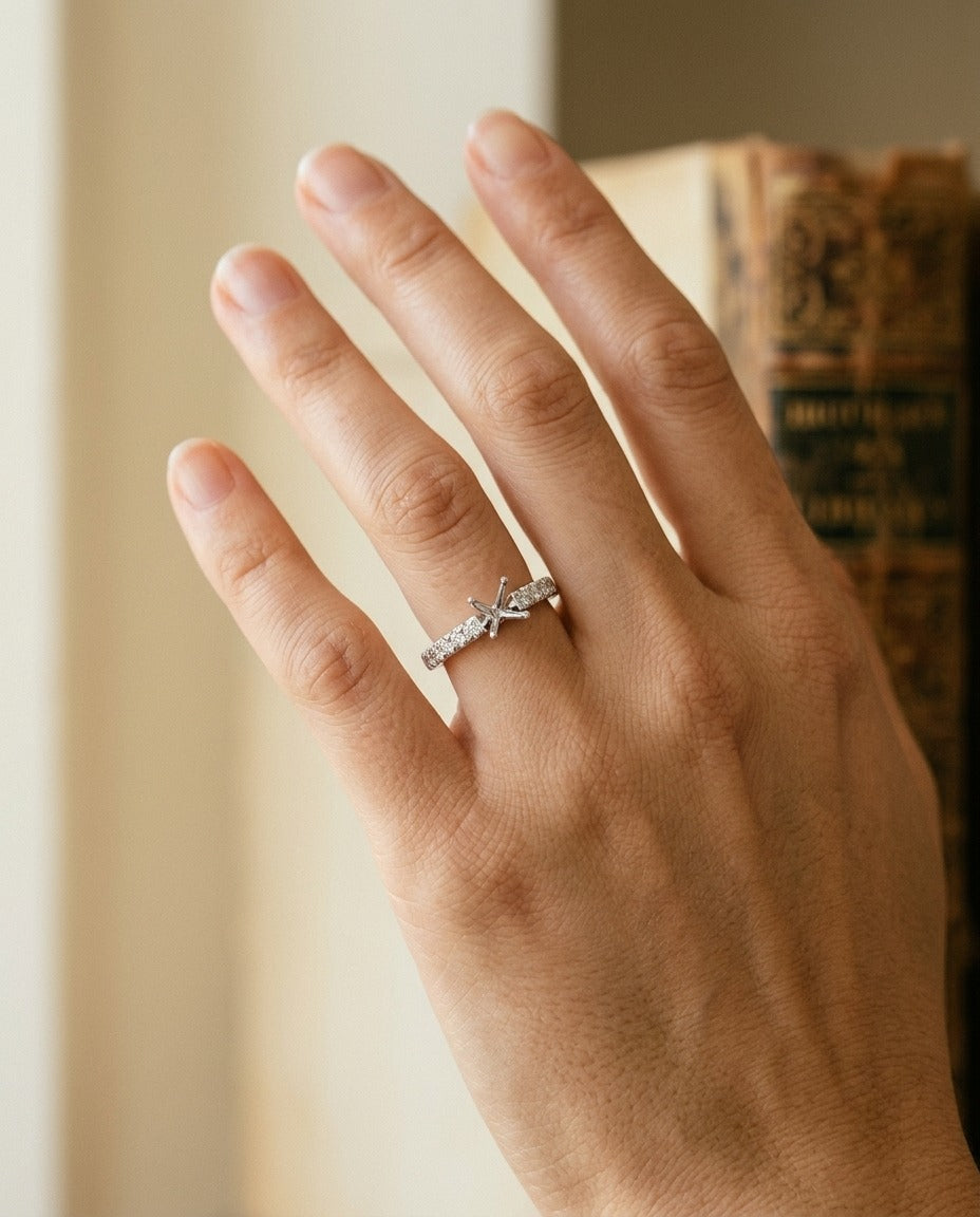 Diamond Wedding Set In 14k White Gold Semi Mount With 1/2ct Round Head — portrait close