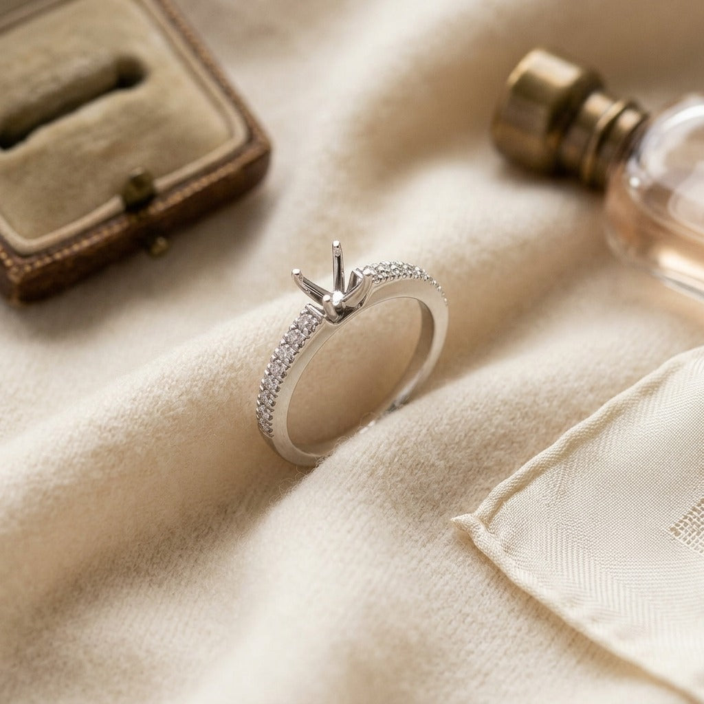 Diamond Wedding Set In 14k White Gold Semi Mount With 1/2ct Round Head — textile flat lay