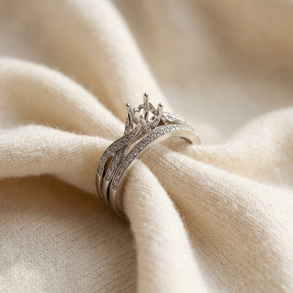 Diamond Ribbon Swirl Wedding Set in 14k White Gold (5mm Rd Cz Ctr) — textile flat lay