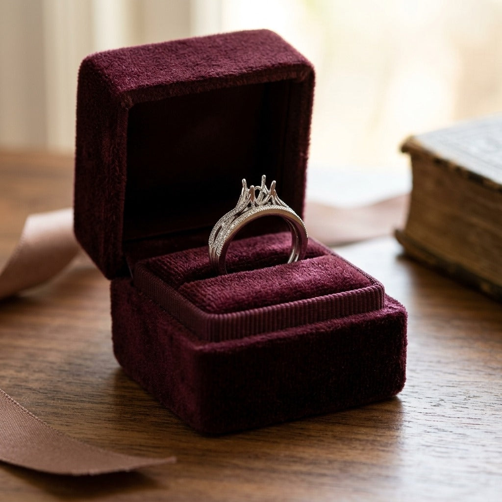 Diamond Ribbon Swirl Wedding Set in 14k White Gold (5mm Rd Cz Ctr) — velvet box