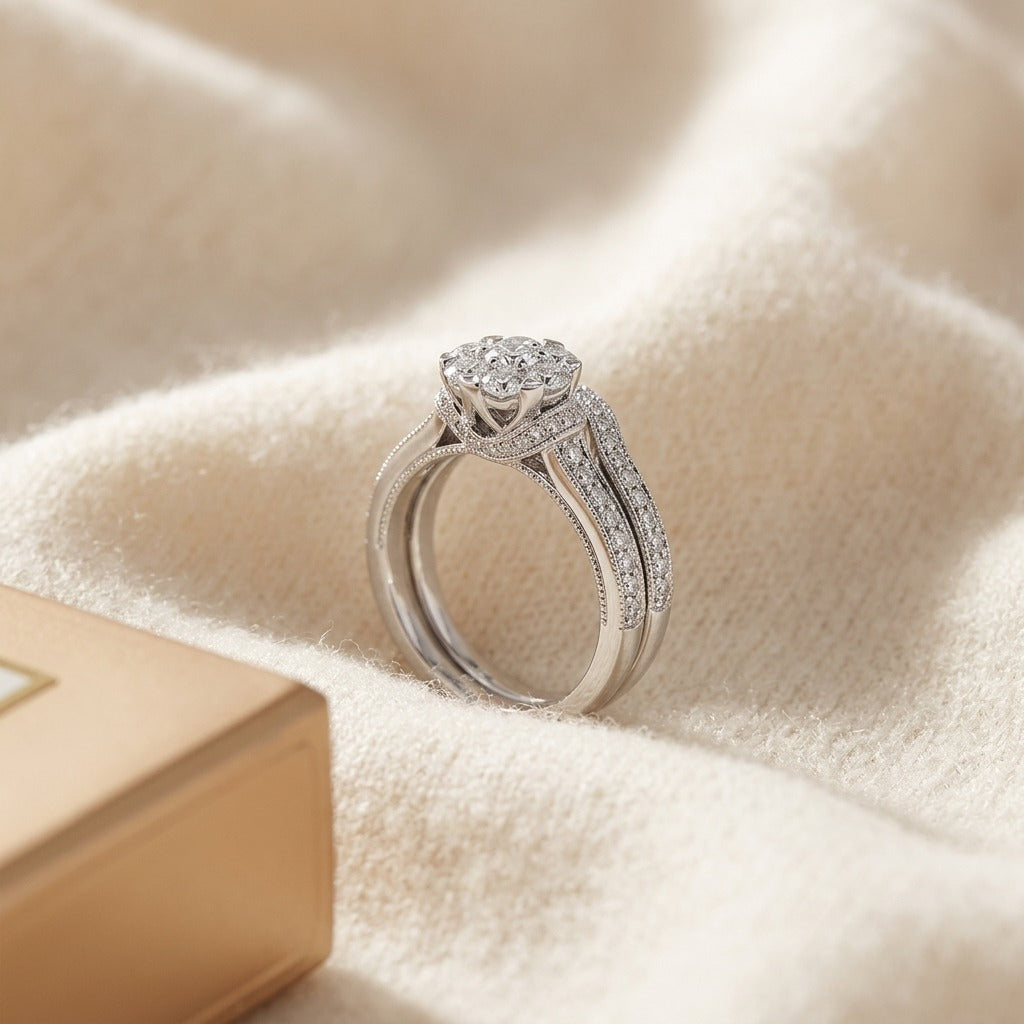 Diamond Filligree Trellis Eng Ring In 14k White Gold — textile flat lay