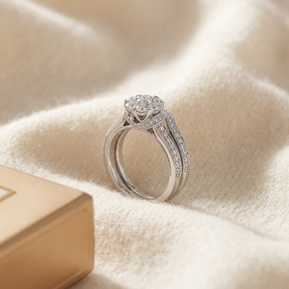 Diamond Filligree Trellis Eng Ring In 14k White Gold — textile flat lay