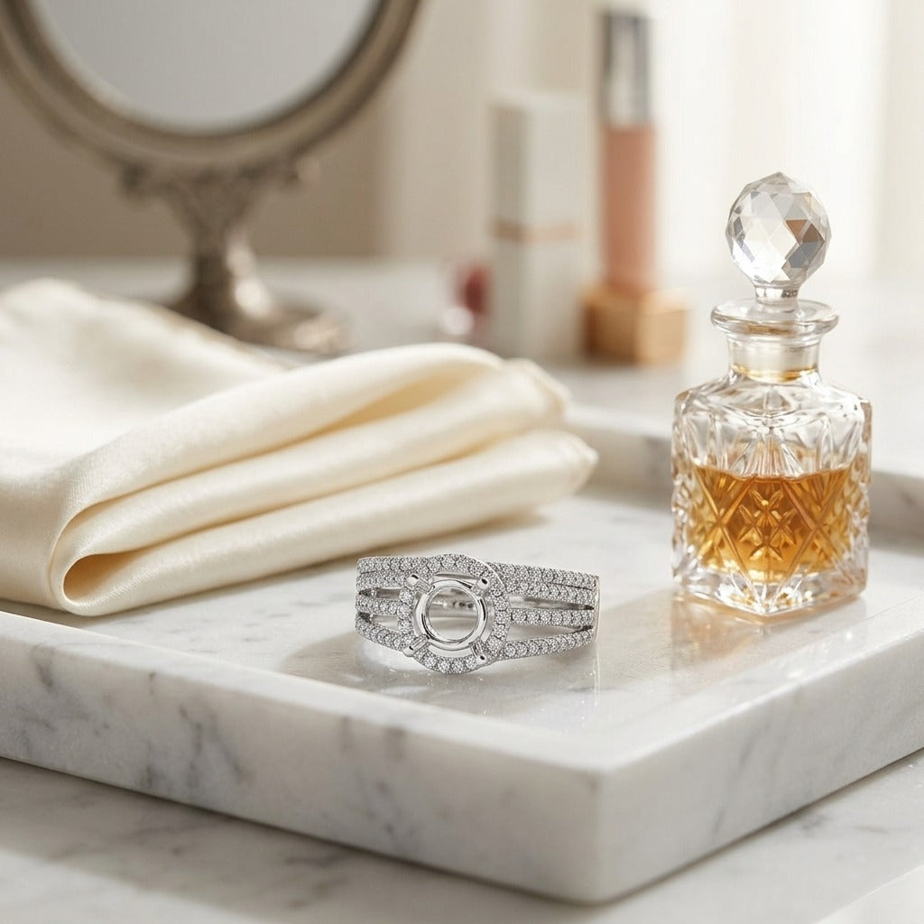 Diamond Pave Halo Triple Split Shank Wedding Set in 14k White Gold — marble silk