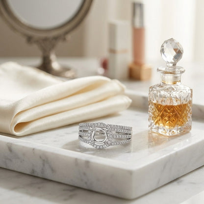 Diamond Pave Halo Triple Split Shank Wedding Set in 14k White Gold — marble silk