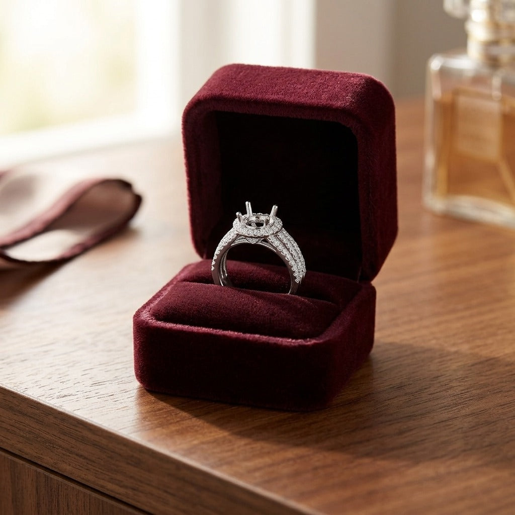 Diamond Pave Halo Triple Split Shank Wedding Set in 14k White Gold — velvet box