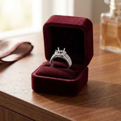 Diamond Pave Halo Triple Split Shank Wedding Set in 14k White Gold — velvet box