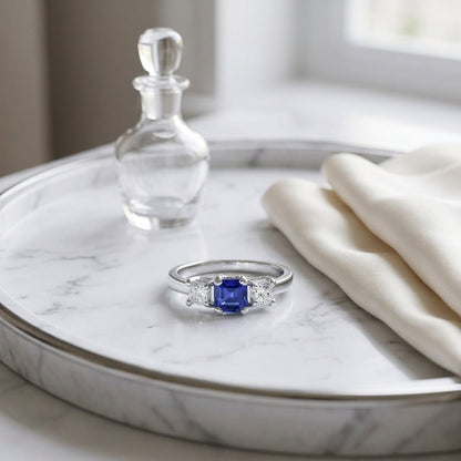 Tanzanite And Diamond Princess Cut 3 Stone Ring In 14k White Gold — atelier still life