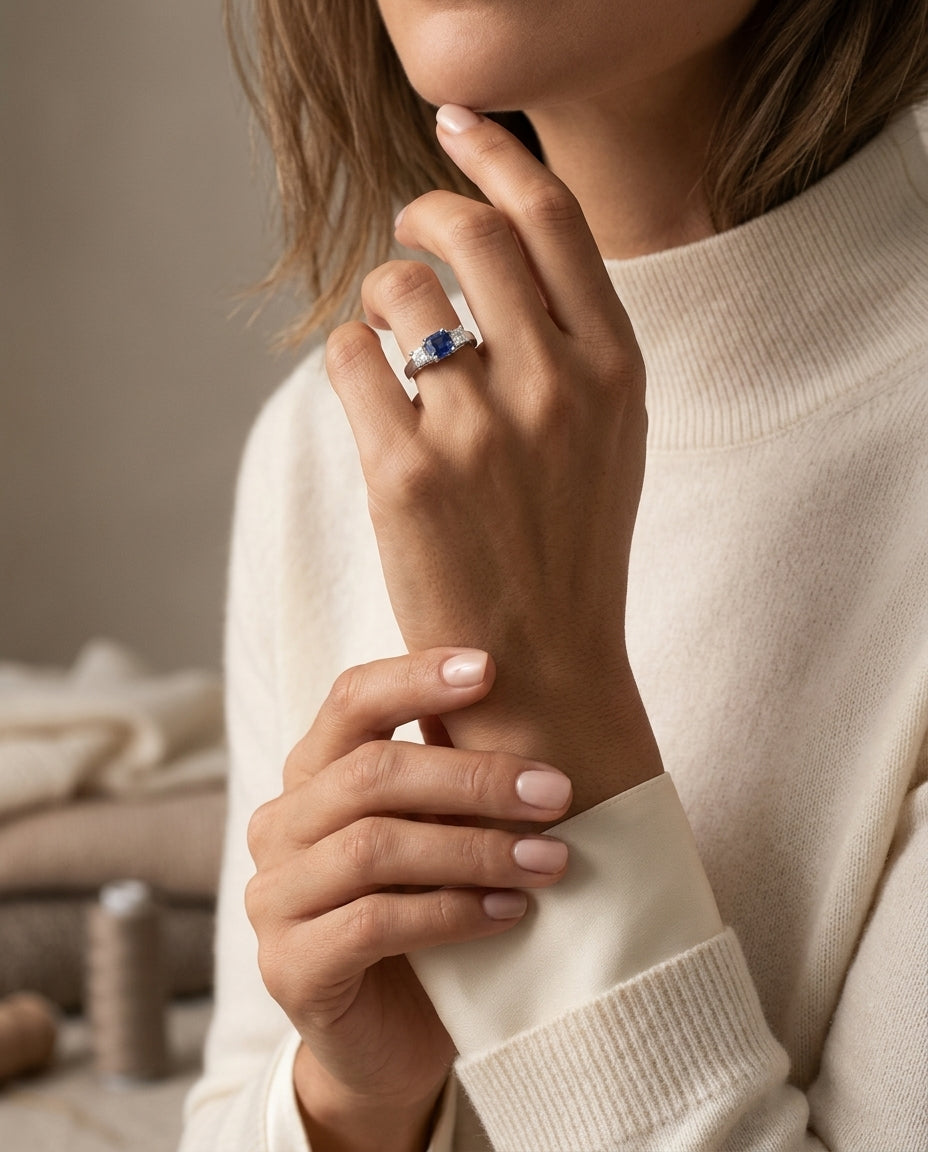 Tanzanite And Diamond Princess Cut 3 Stone Ring In 14k White Gold — editorial close-up