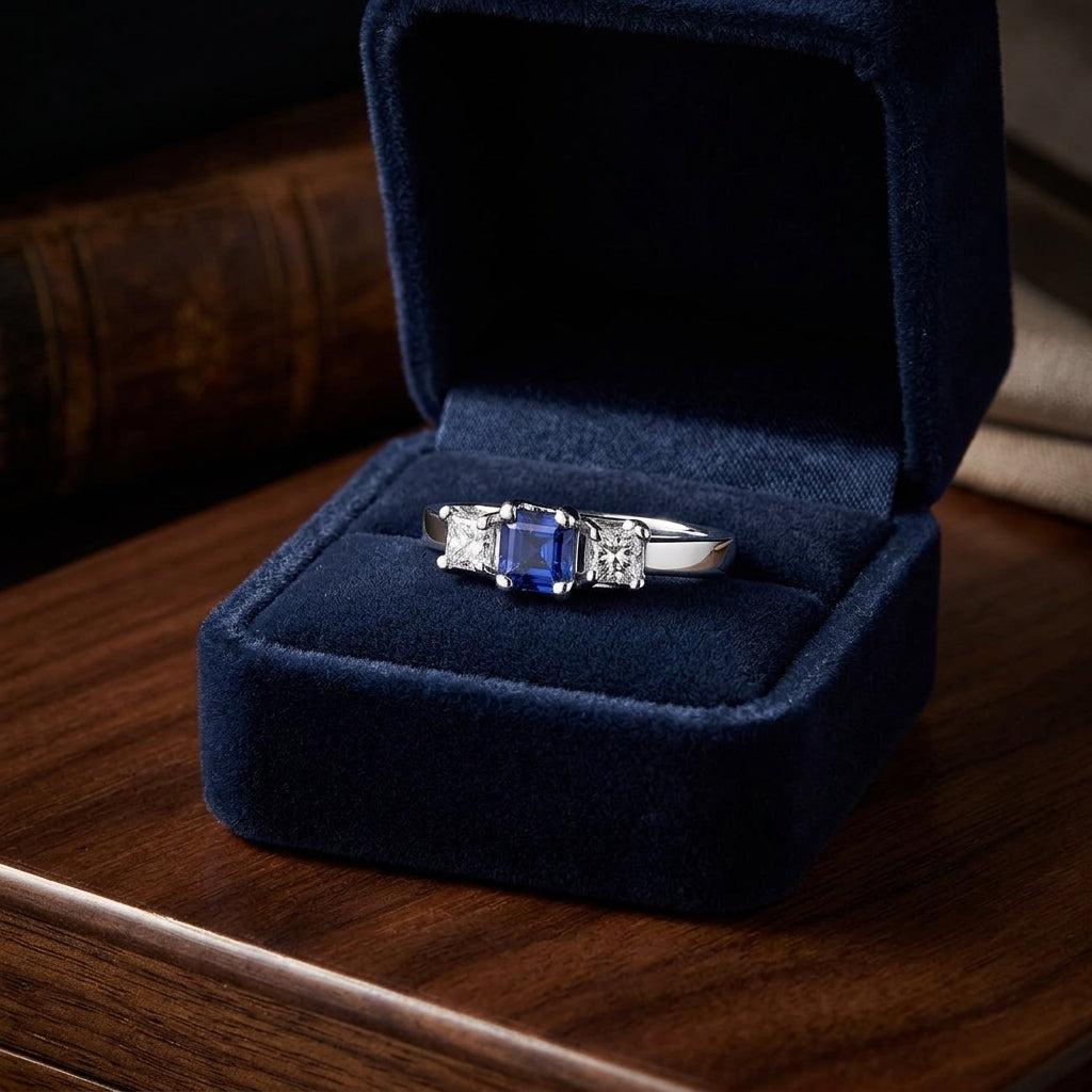 Tanzanite And Diamond Princess Cut 3 Stone Ring In 14k White Gold — gift presentation