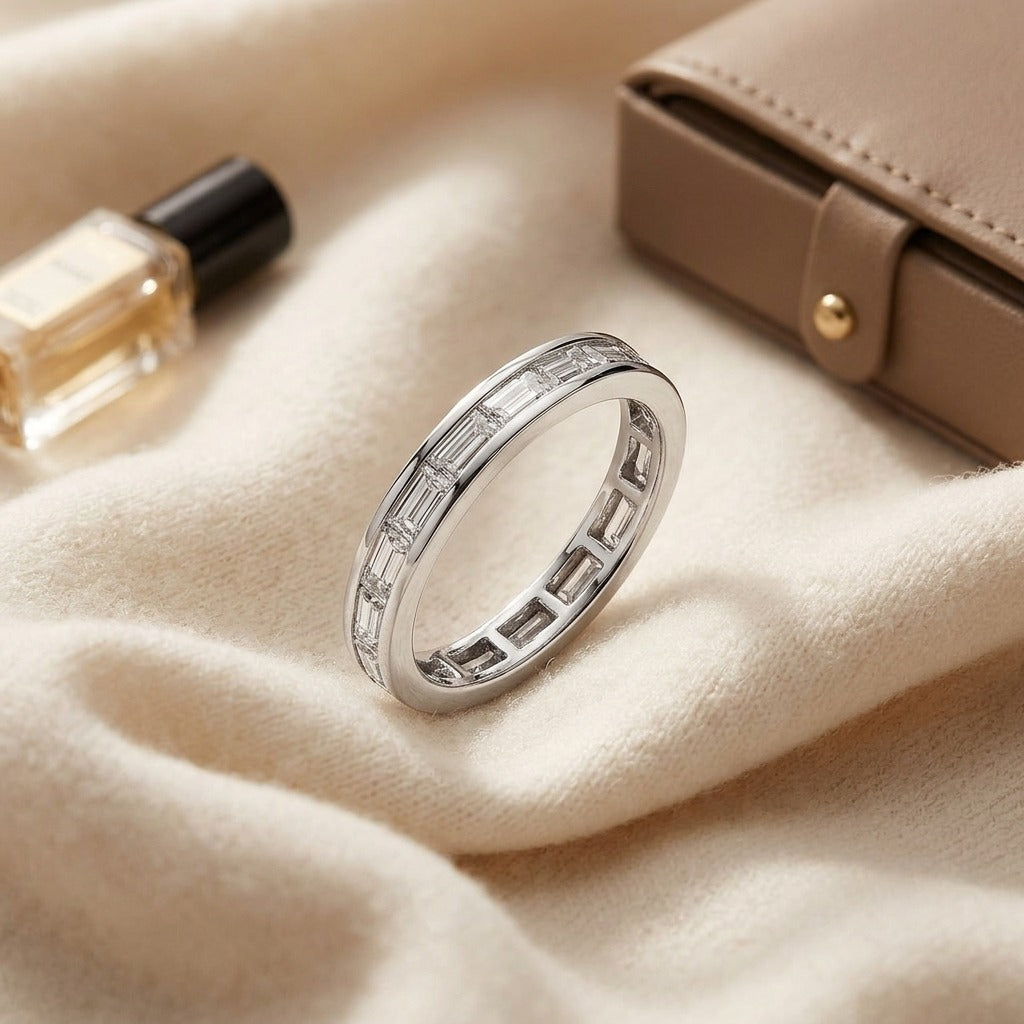 Diamond Baguette East-West Setting Eternity Band in 14k White Gold (1.60ctw) Size 6 — textile flat lay