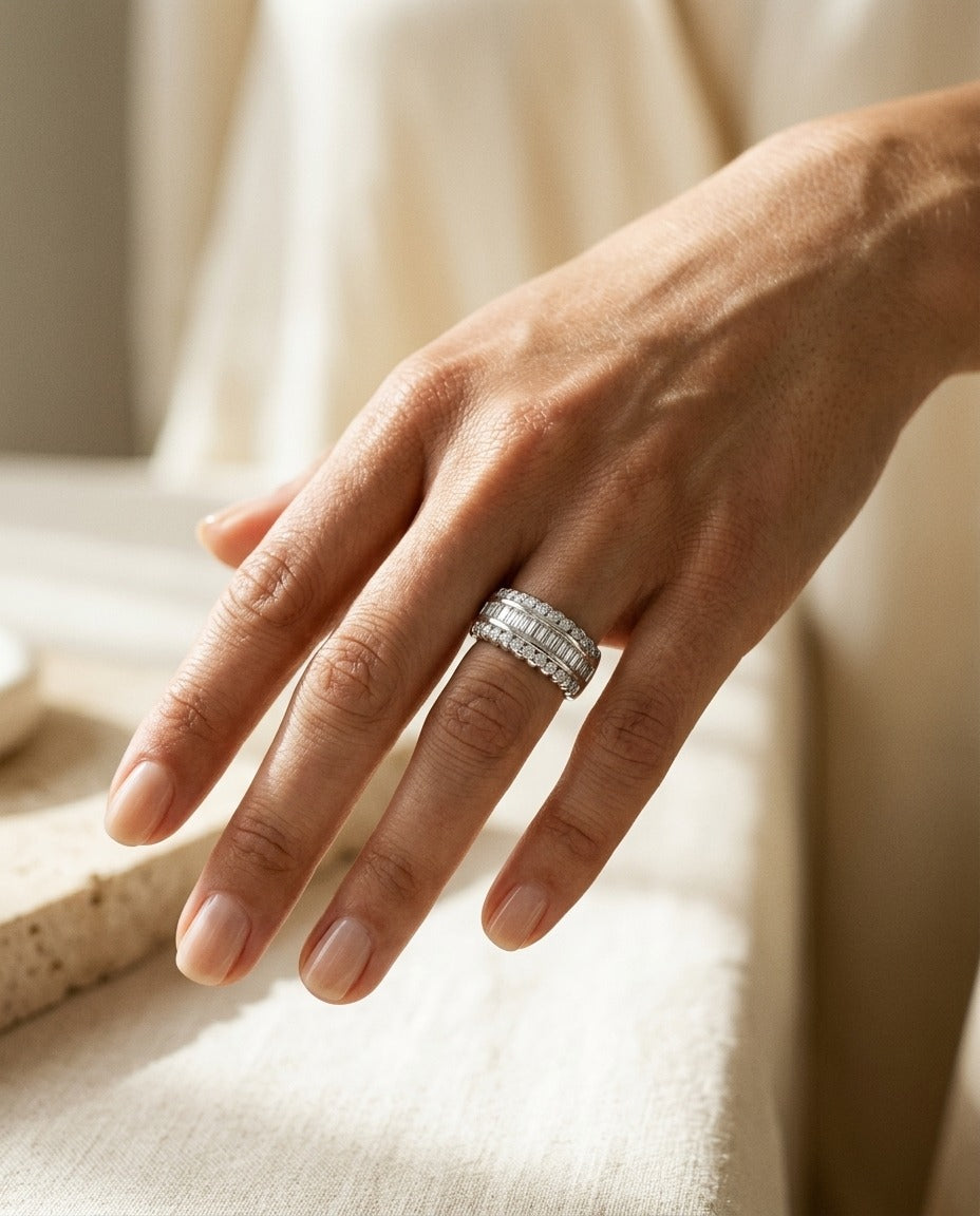 Diamond Baguette Channel And Round Prong Band In 14k White Gold — portrait close