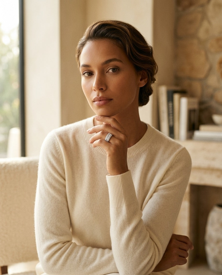 Diamond Baguette Channel And Round Prong Band In 14k White Gold — portrait full