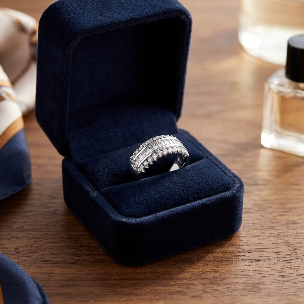 Diamond Baguette Channel And Round Prong Band In 14k White Gold — velvet box