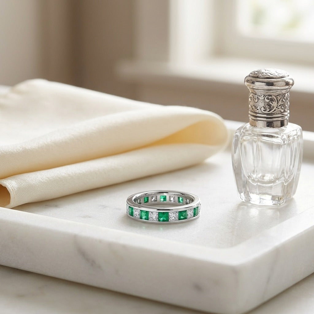 Emerald & Diamond Princess Cut Eternity Band in 14k White Gold — marble silk