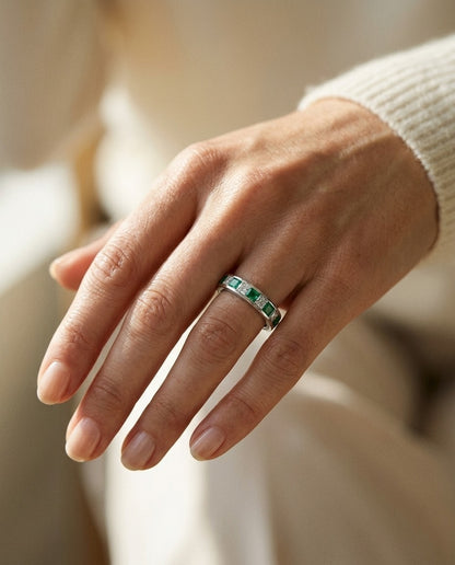 Emerald & Diamond Princess Cut Eternity Band in 14k White Gold — portrait close