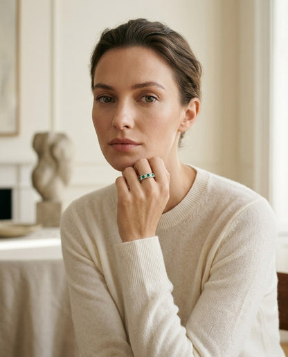 Emerald & Diamond Princess Cut Eternity Band in 14k White Gold — portrait full