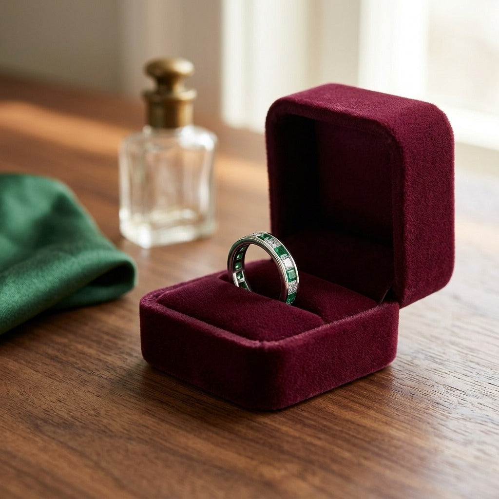 Emerald & Diamond Princess Cut Eternity Band in 14k White Gold — velvet box