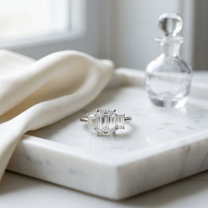 3 Stone Emerald Cut Band in 14K White Gold - editorial hero