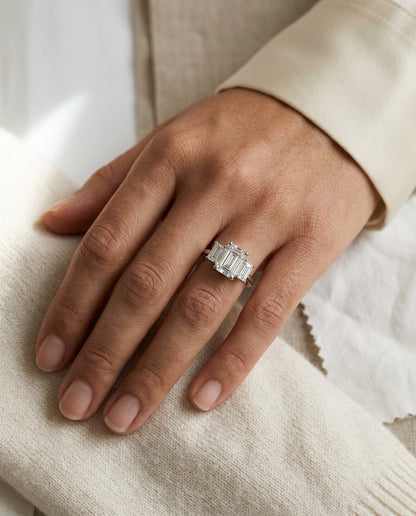 3 Stone Emerald Cut Band in 14K White Gold - lifestyle