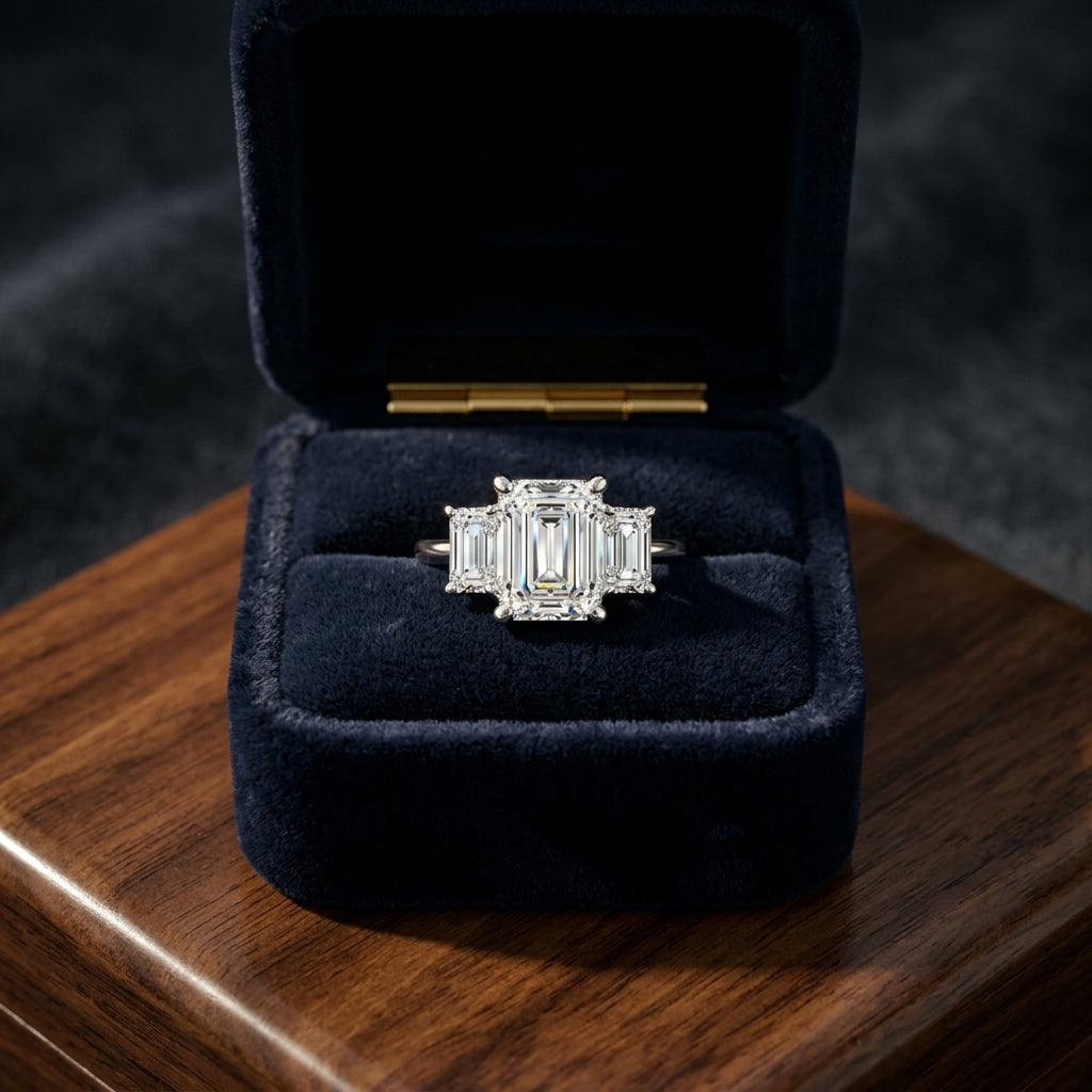3 Stone Emerald Cut Band in 14K White Gold - presentation