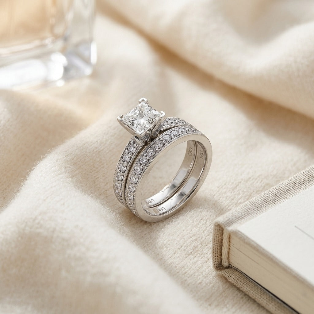 Pave Diamond Engagement Semi Mount Ring with 4 Prong 3/4 Ct Princess Head in 14k White Gold — textile flat lay