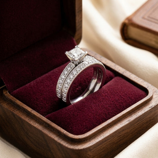 Pave Diamond Engagement Semi Mount Ring with 4 Prong 3/4 Ct Princess Head in 14k White Gold — velvet box
