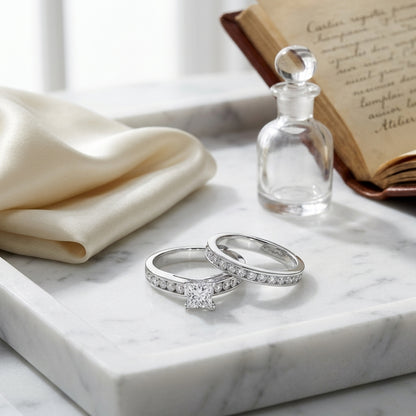 Channel Diamond Wedding Set With 1/2 Ct Princess Center In 14k White Gold — atelier still life