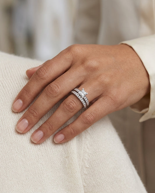 Channel Diamond Wedding Set With 1/2 Ct Princess Center In 14k White Gold — editorial close-up